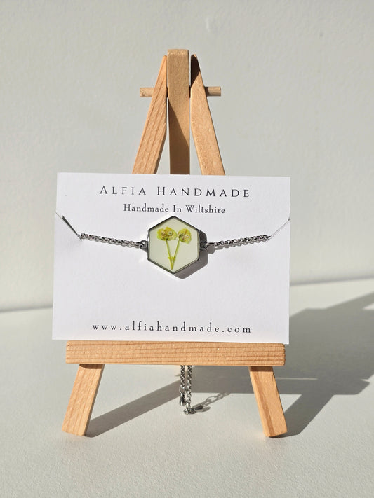 Yellow Flower Bracelet - Botanical Resin Jewellery - Silver - Adjustable