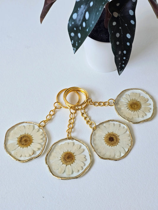 Keyrings With Real White Daisies- Gold and Silver - Resin Key Chain