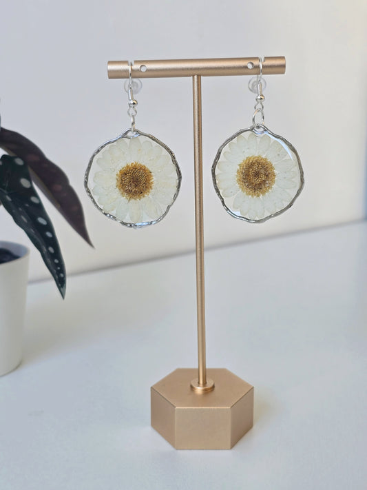 White Daisy Resin Earrings - Handmade Floral Jewellery - Silver